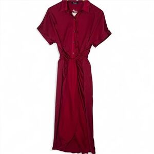 NWT Burgundy Satin Button Down Ruched Maxi Dress Size S